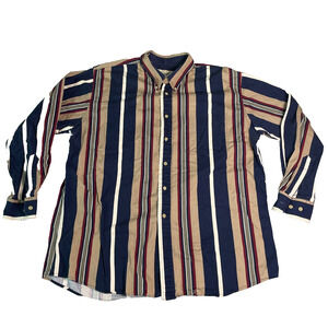 Vintage 90s Links Edition Button Down Shirt Mens XL Vertical Stripe Navy Taupe